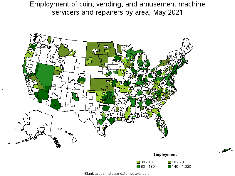 Map of employment of coin, vending, and amusement machine servicers and repairers by area, May 2021