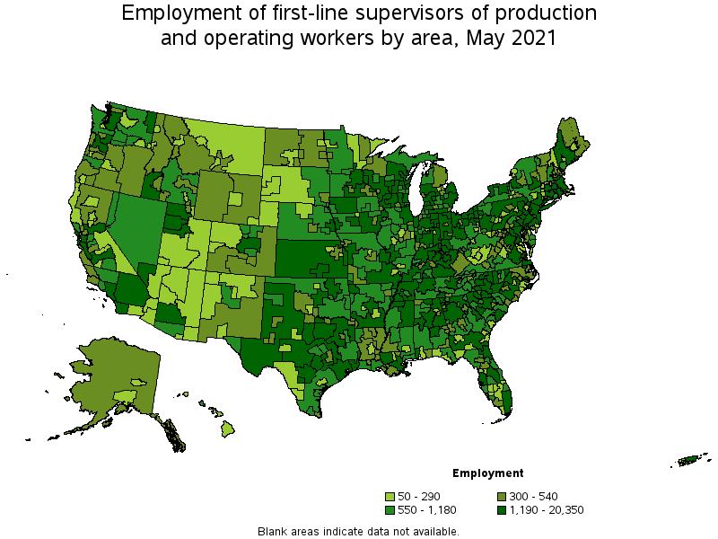 Map of employment of first-line supervisors of production and operating workers by area, May 2021