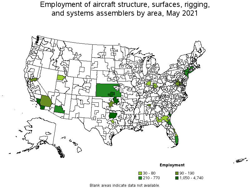 Map of employment of aircraft structure, surfaces, rigging, and systems assemblers by area, May 2021