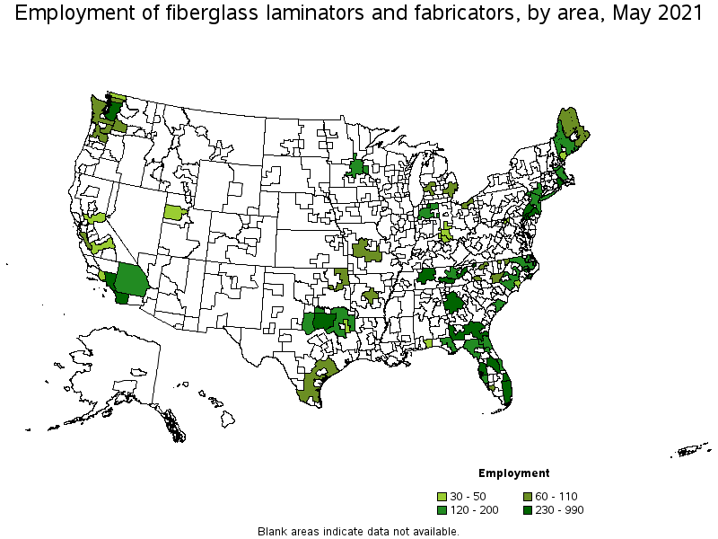 Map of employment of fiberglass laminators and fabricators by area, May 2021