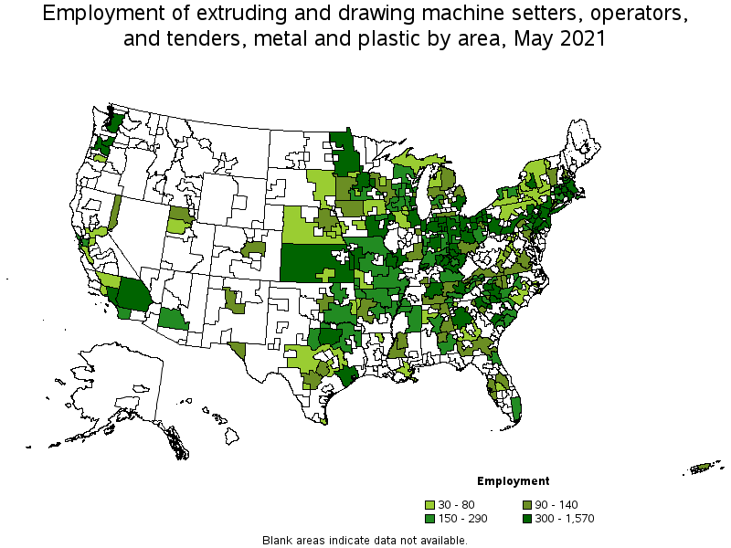 Map of employment of extruding and drawing machine setters, operators, and tenders, metal and plastic by area, May 2021