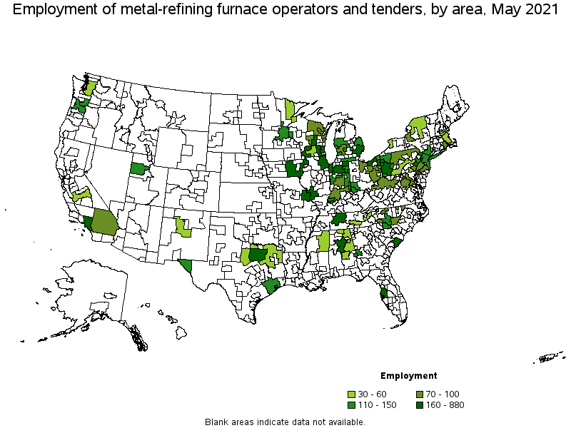 Map of employment of metal-refining furnace operators and tenders by area, May 2021
