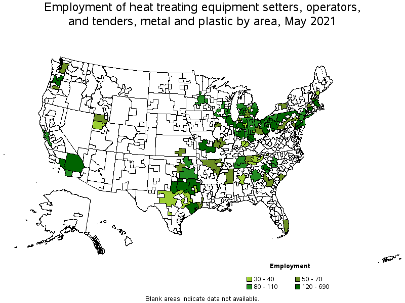 Map of employment of heat treating equipment setters, operators, and tenders, metal and plastic by area, May 2021