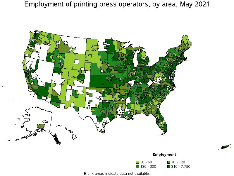 Map of employment of printing press operators by area, May 2021