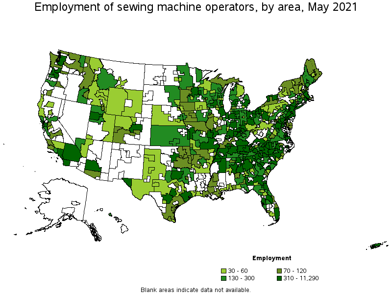 Map of employment of sewing machine operators by area, May 2021