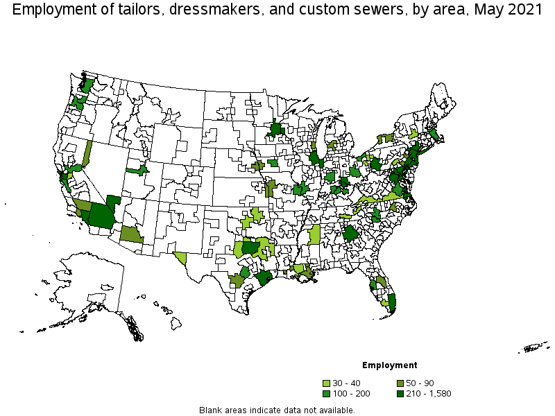 Map of employment of tailors, dressmakers, and custom sewers by area, May 2021