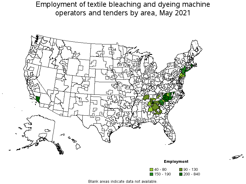 Map of employment of textile bleaching and dyeing machine operators and tenders by area, May 2021