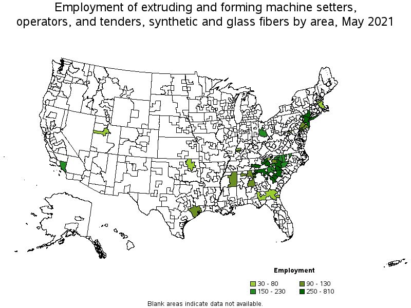 Map of employment of extruding and forming machine setters, operators, and tenders, synthetic and glass fibers by area, May 2021