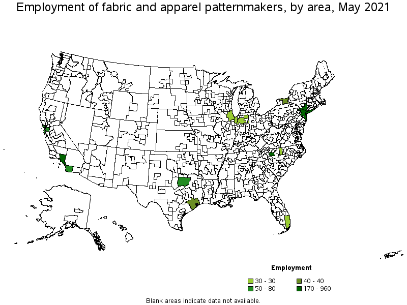 Map of employment of fabric and apparel patternmakers by area, May 2021
