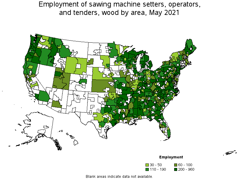 Map of employment of sawing machine setters, operators, and tenders, wood by area, May 2021