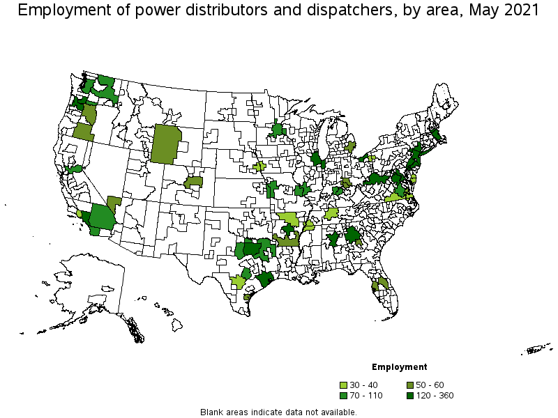 Map of employment of power distributors and dispatchers by area, May 2021