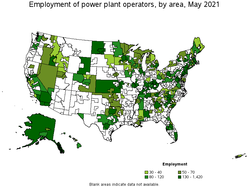 Map of employment of power plant operators by area, May 2021