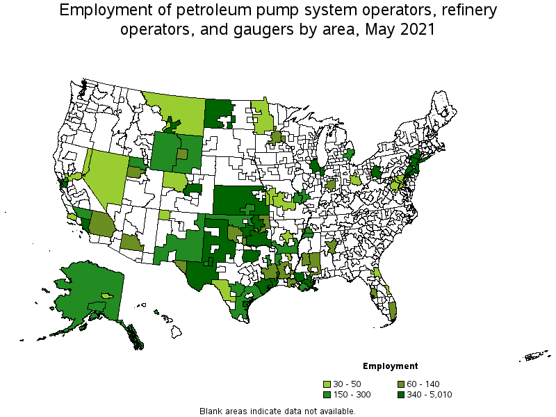 Map of employment of petroleum pump system operators, refinery operators, and gaugers by area, May 2021