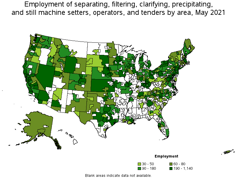 Map of employment of separating, filtering, clarifying, precipitating, and still machine setters, operators, and tenders by area, May 2021