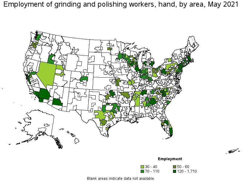 Map of employment of grinding and polishing workers, hand by area, May 2021