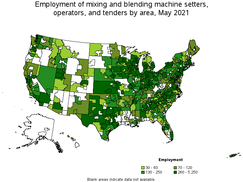 Map of employment of mixing and blending machine setters, operators, and tenders by area, May 2021