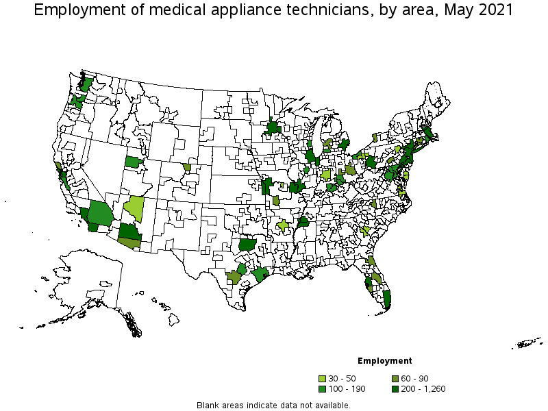 Map of employment of medical appliance technicians by area, May 2021
