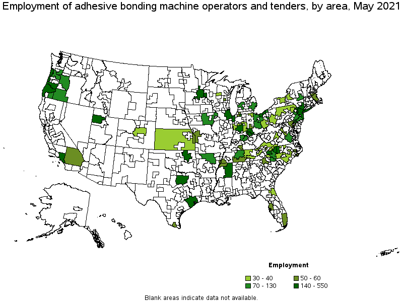 Map of employment of adhesive bonding machine operators and tenders by area, May 2021