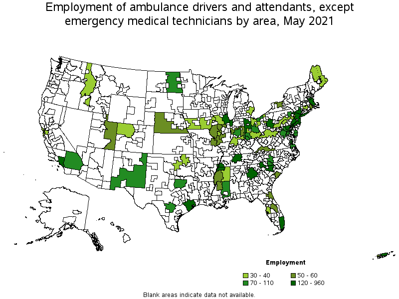 Map of employment of ambulance drivers and attendants, except emergency medical technicians by area, May 2021