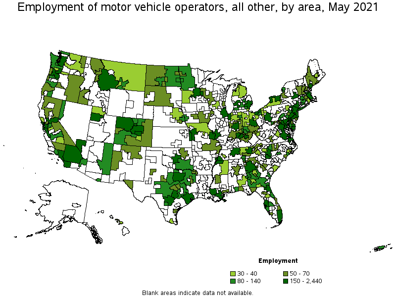 Map of employment of motor vehicle operators, all other by area, May 2021