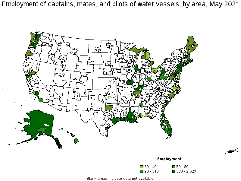 Map of employment of captains, mates, and pilots of water vessels by area, May 2021