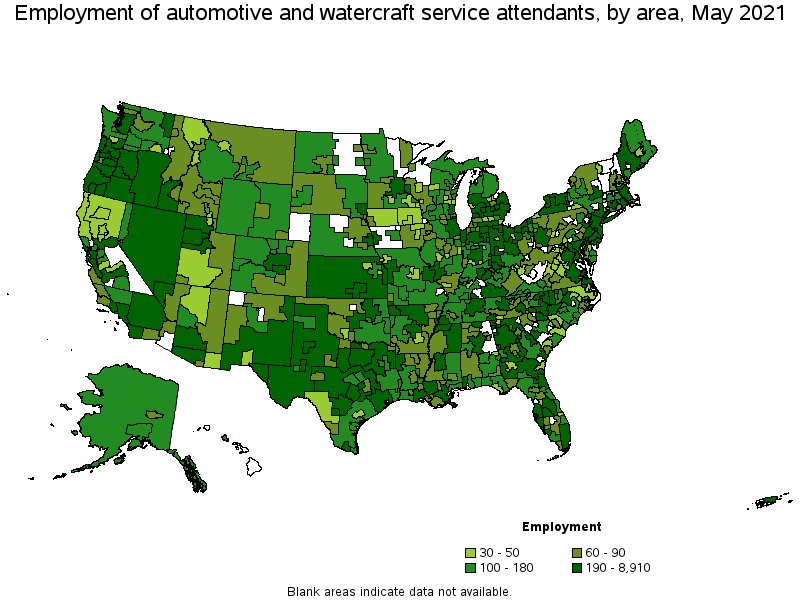 Map of employment of automotive and watercraft service attendants by area, May 2021