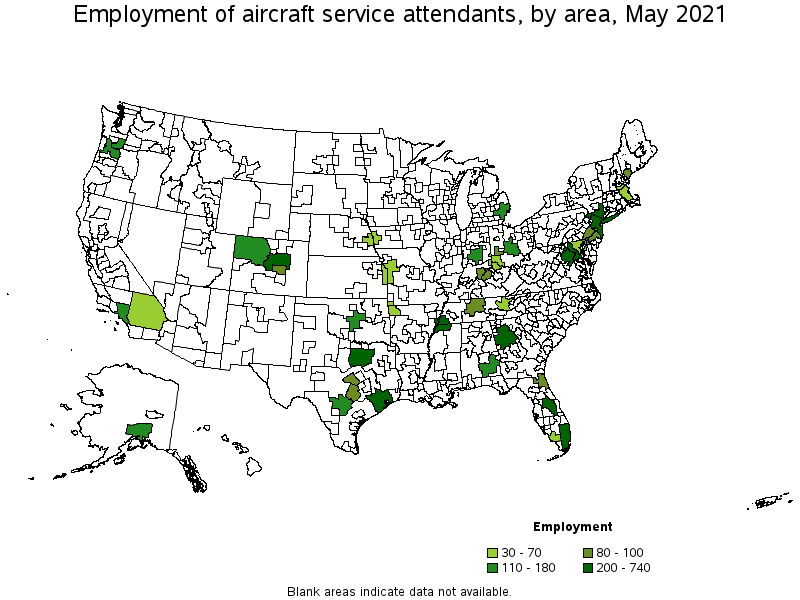 Map of employment of aircraft service attendants by area, May 2021