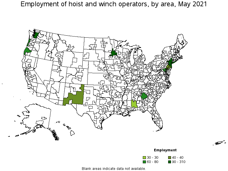 Map of employment of hoist and winch operators by area, May 2021