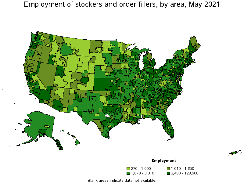 Map of employment of stockers and order fillers by area, May 2021