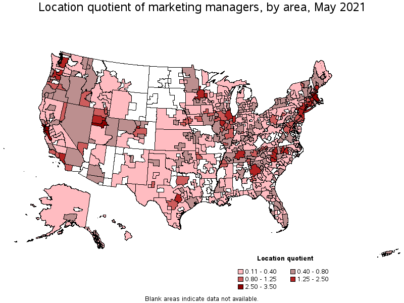 Map of location quotient of marketing managers by area, May 2021