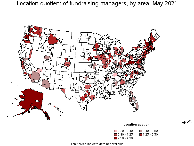 Map of location quotient of fundraising managers by area, May 2021