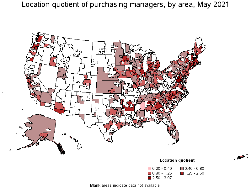 Map of location quotient of purchasing managers by area, May 2021