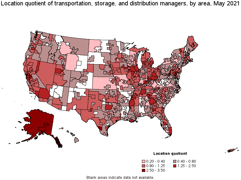 Map of location quotient of transportation, storage, and distribution managers by area, May 2021