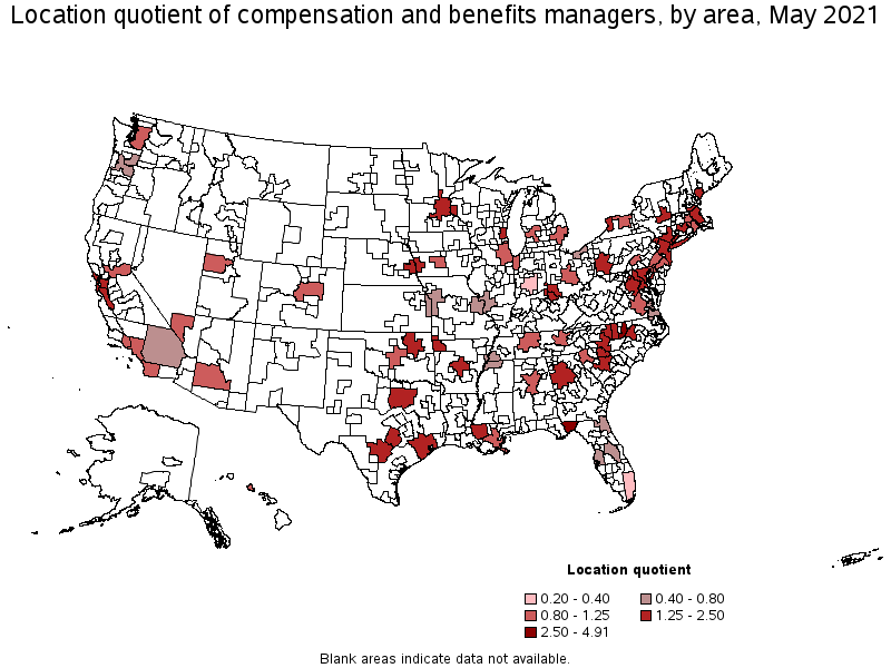 Map of location quotient of compensation and benefits managers by area, May 2021