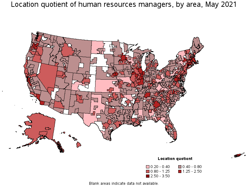 Map of location quotient of human resources managers by area, May 2021