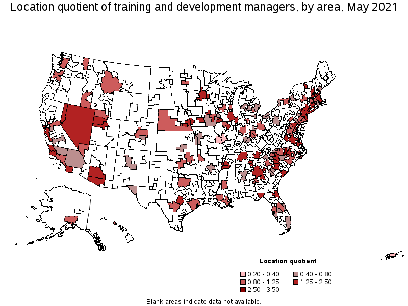 Map of location quotient of training and development managers by area, May 2021