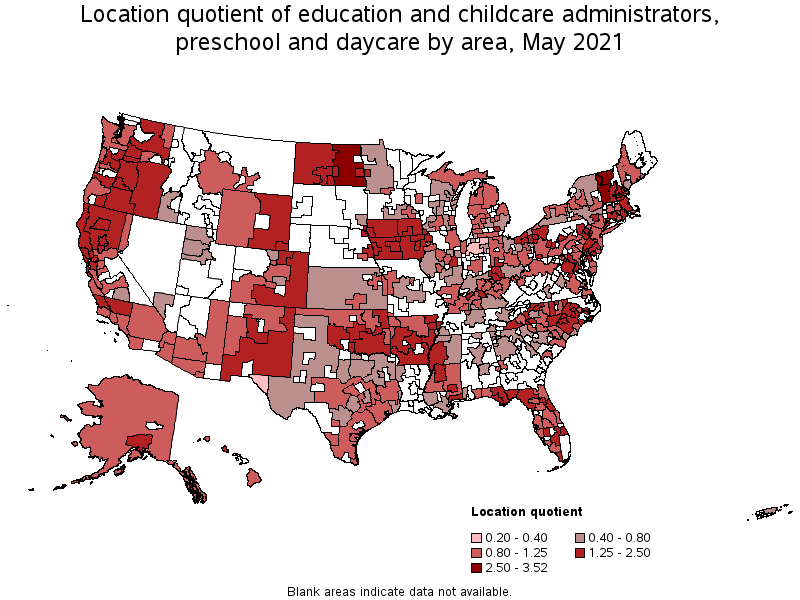 Map of location quotient of education and childcare administrators, preschool and daycare by area, May 2021