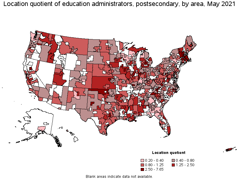 Map of location quotient of education administrators, postsecondary by area, May 2021