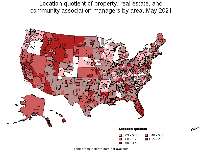 Map of location quotient of property, real estate, and community association managers by area, May 2021