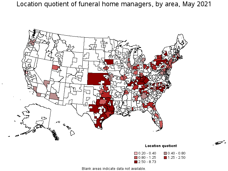 Map of location quotient of funeral home managers by area, May 2021