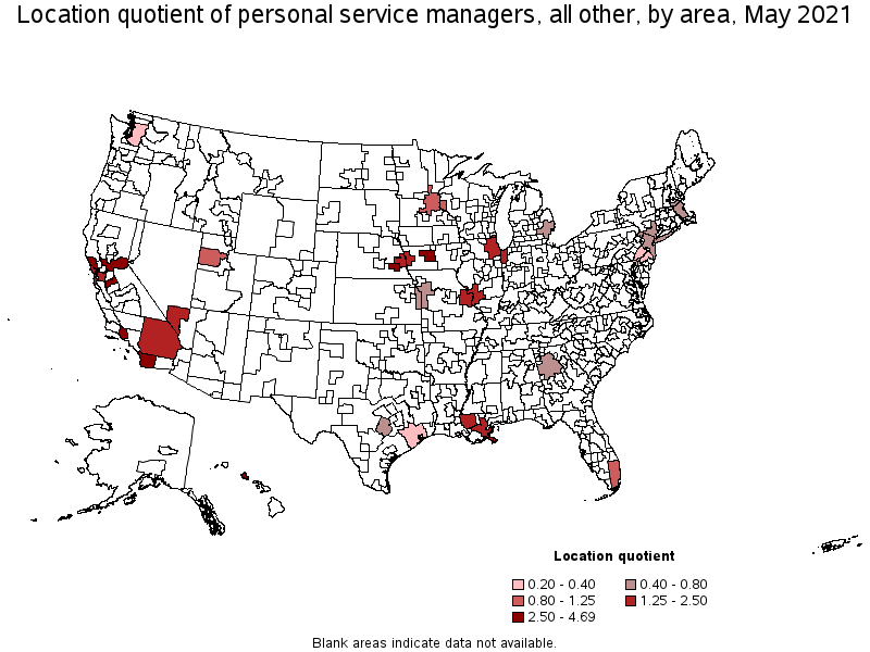 Map of location quotient of personal service managers, all other by area, May 2021