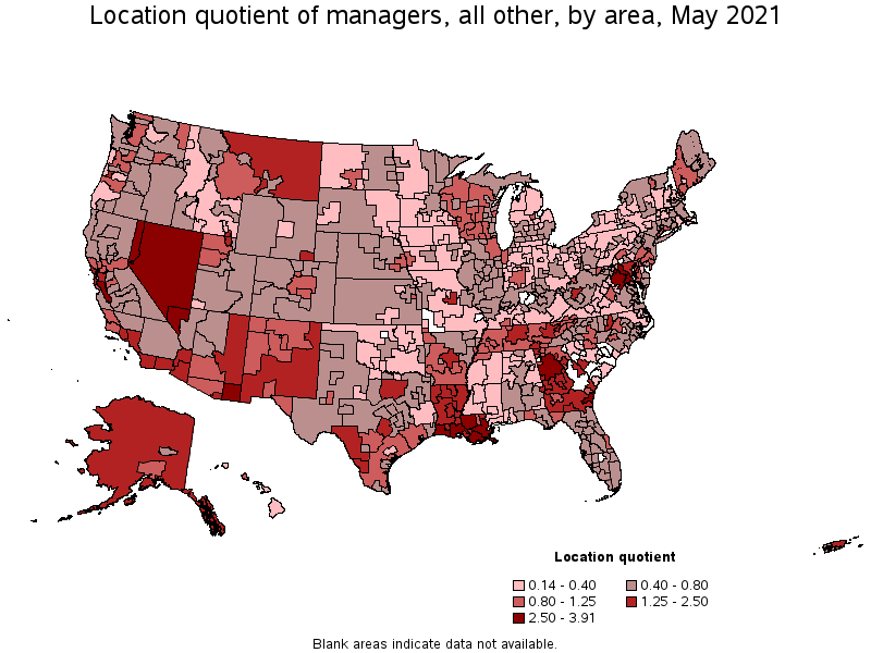 Map of location quotient of managers, all other by area, May 2021