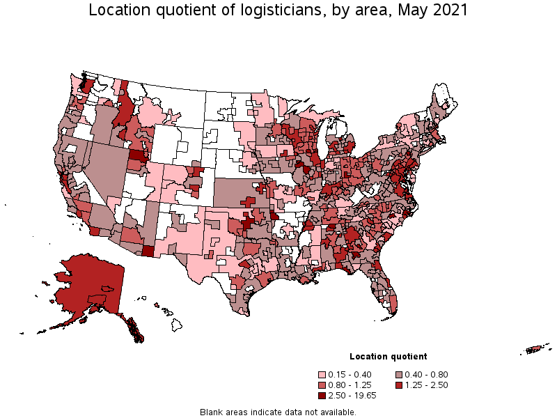 Map of location quotient of logisticians by area, May 2021