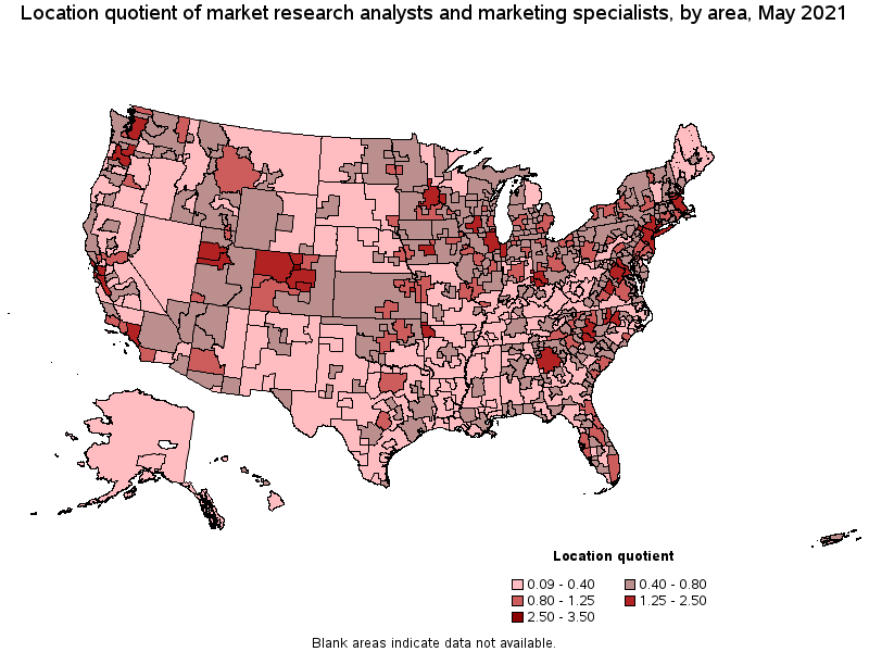 Map of location quotient of market research analysts and marketing specialists by area, May 2021