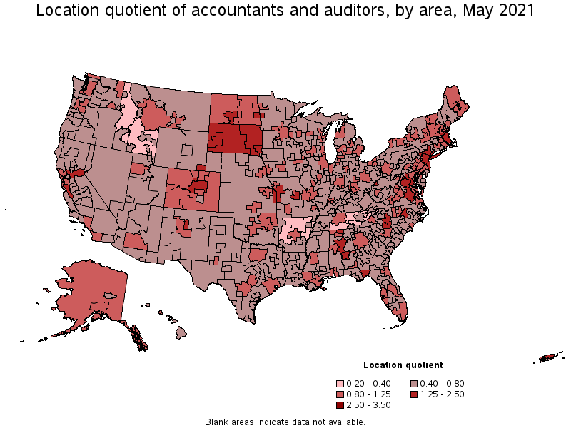 Map of location quotient of accountants and auditors by area, May 2021