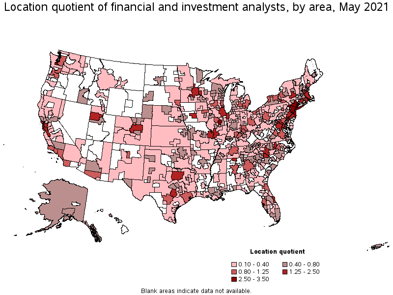 Map of location quotient of financial and investment analysts by area, May 2021