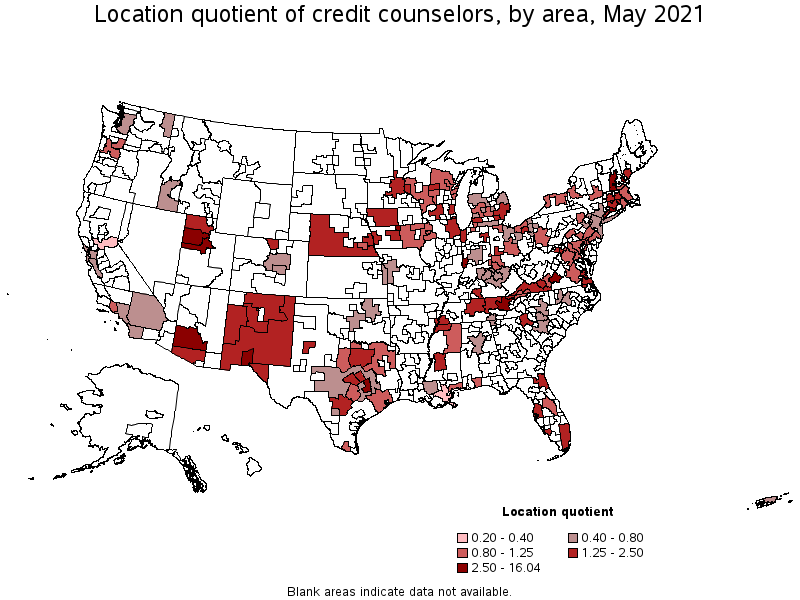 Map of location quotient of credit counselors by area, May 2021