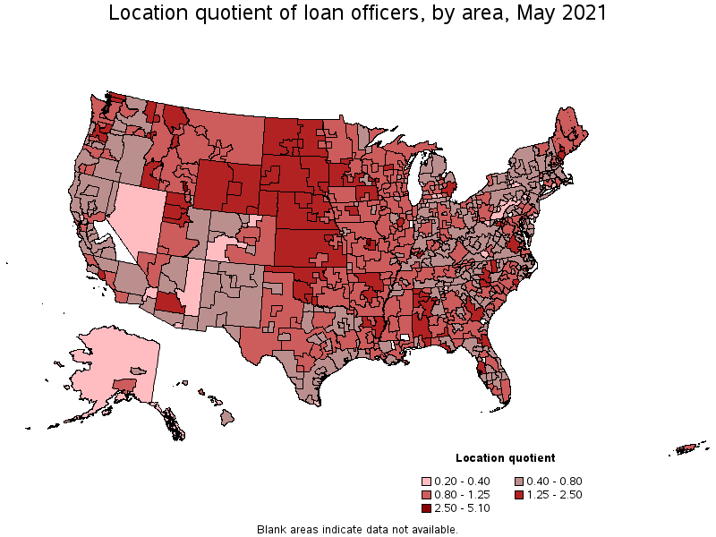 Map of location quotient of loan officers by area, May 2021