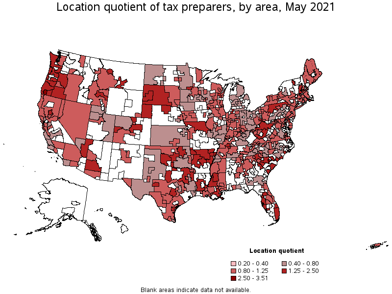 Map of location quotient of tax preparers by area, May 2021
