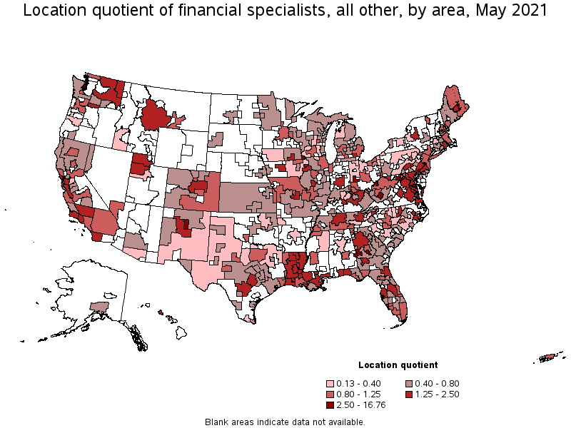 Map of location quotient of financial specialists, all other by area, May 2021